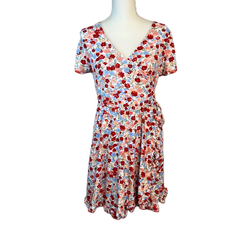 NOBO Floral Wrap Dress Juniors L Ruffle V Neck Midi Jersey Knit Cottagcore Event